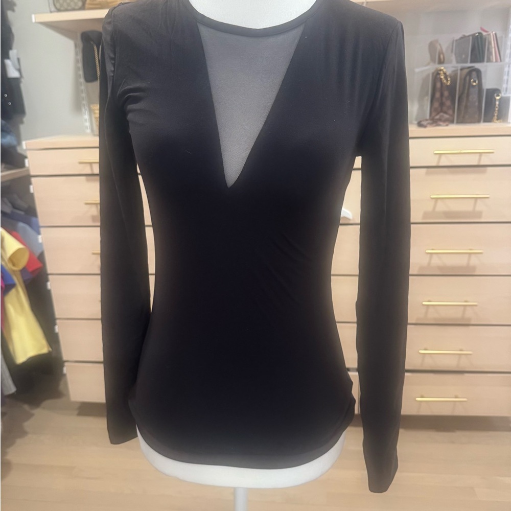 White House Black Market Black Long-Sleeve V-Neck Mesh Inset Top